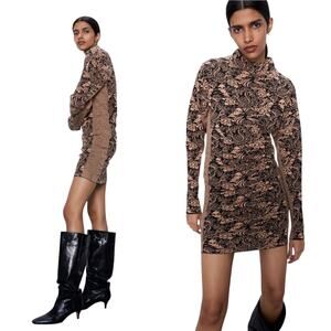 ZARA Floral Jacquard Knit Draped Ruched Dress